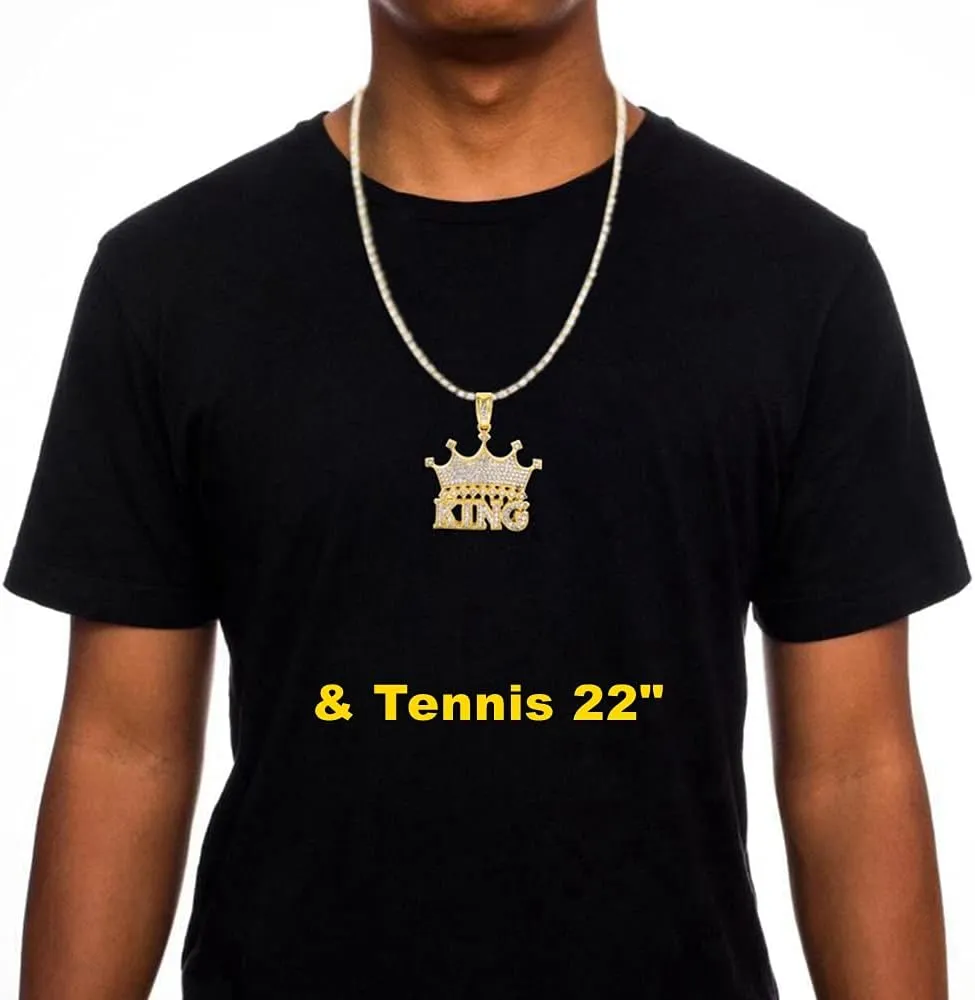 HH BLING EMPIRE 14k Gold Silver Plated Hip Ho Rapper Pendant Chain Necklace for Men, Iced Out Diamond King Pendant with Rope Tennis Chains 22 Inch