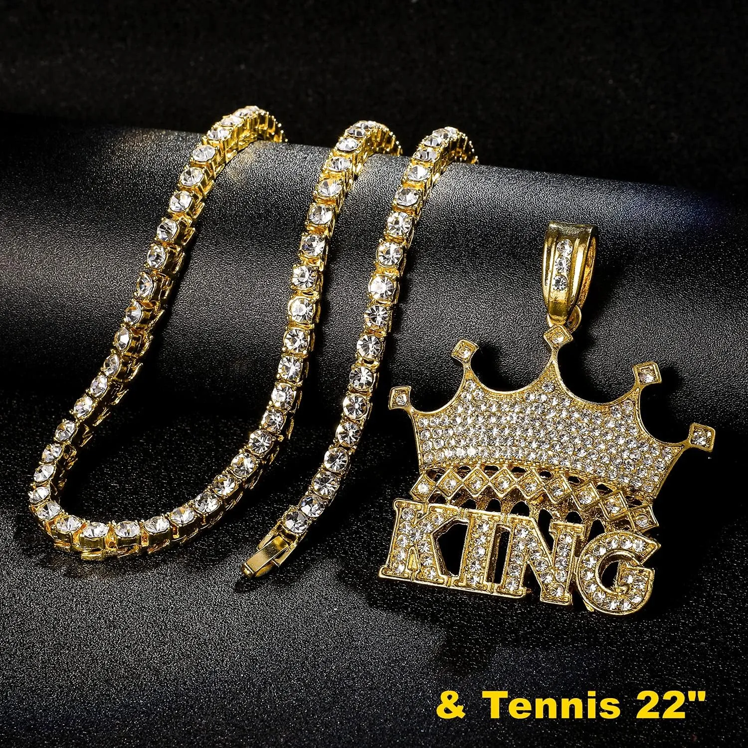 HH BLING EMPIRE 14k Gold Silver Plated Hip Ho Rapper Pendant Chain Necklace for Men, Iced Out Diamond King Pendant with Rope Tennis Chains 22 Inch