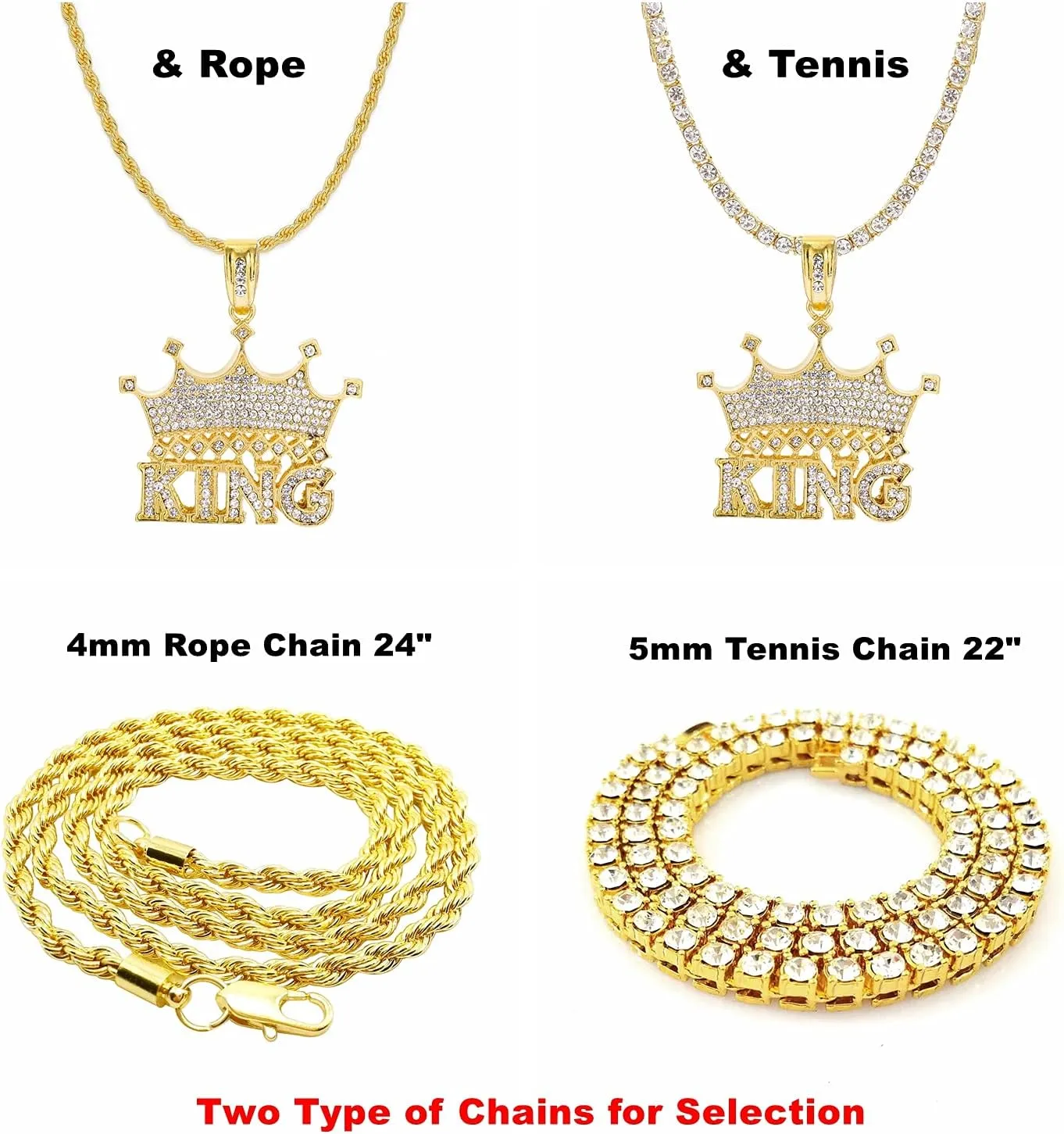 HH BLING EMPIRE 14k Gold Silver Plated Hip Ho Rapper Pendant Chain Necklace for Men, Iced Out Diamond King Pendant with Rope Tennis Chains 22 Inch