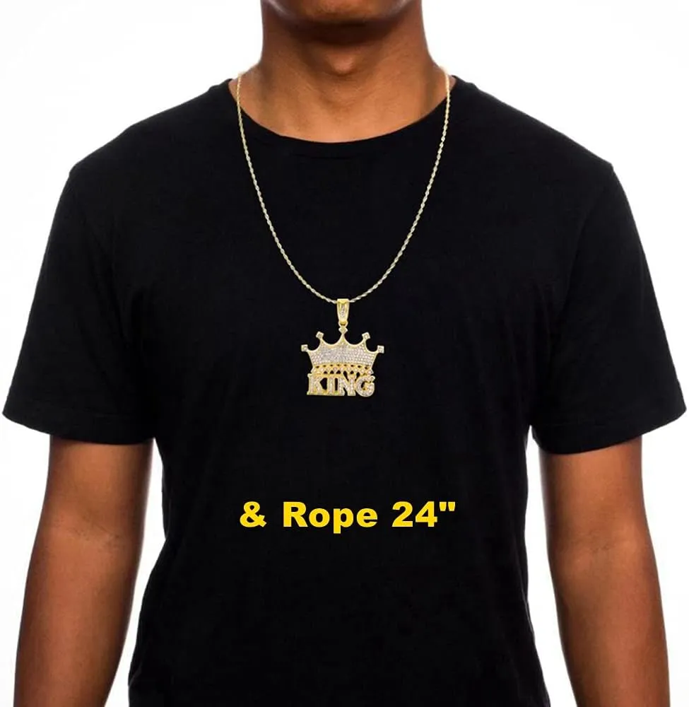 HH BLING EMPIRE 14k Gold Silver Plated Hip Ho Rapper Pendant Chain Necklace for Men, Iced Out Diamond King Pendant with Rope Tennis Chains 22 Inch