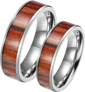 His and Hers Rings Sets, Stainless Steel Engagement Rings for Couples Set Comfort Fit 6mm Silver Ring Inlay Wood