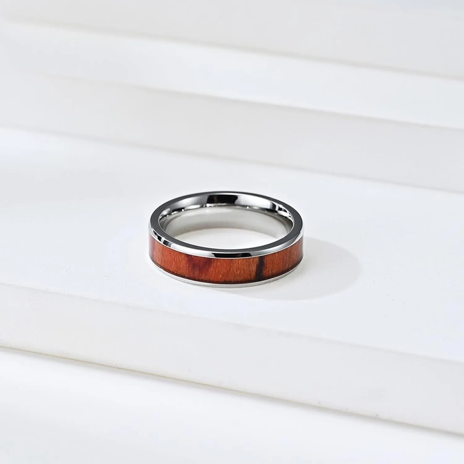 His and Hers Rings Sets, Stainless Steel Engagement Rings for Couples Set Comfort Fit 6mm Silver Ring Inlay Wood