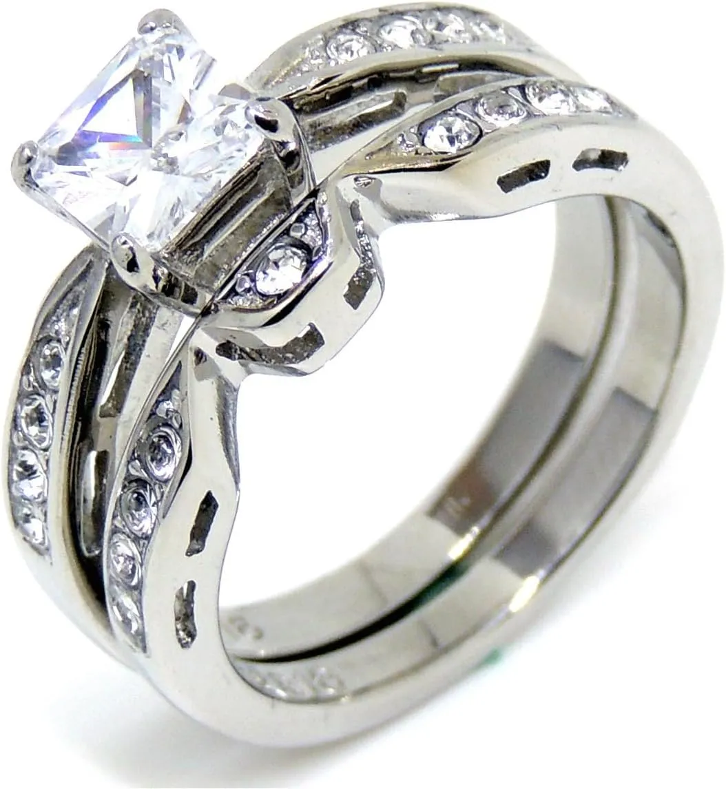 His Hers Couple Ring Set Womens 1 Ct Princess CZ Stainless Steel Wedding Ring Set Mens Classic Wedding Band