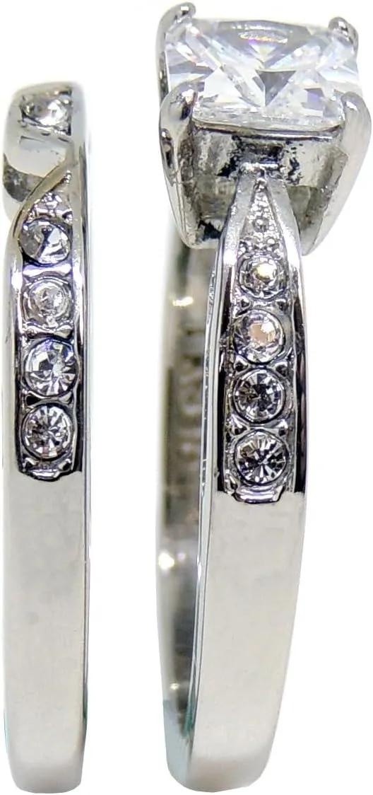 His Hers Couple Ring Set Womens 1 Ct Princess CZ Stainless Steel Wedding Ring Set Mens Classic Wedding Band