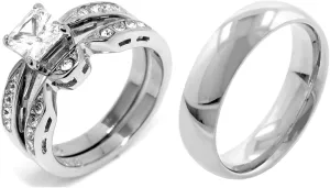 His Hers Couple Ring Set Womens 1 Ct Princess CZ Stainless Steel Wedding Ring Set Mens Classic Wedding Band