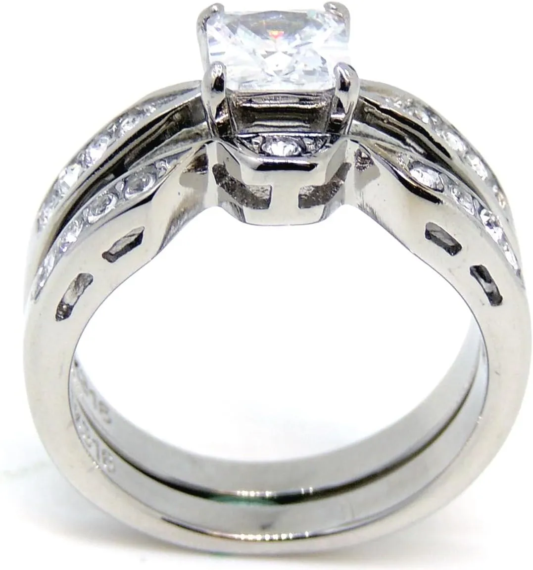 His Hers Couple Ring Set Womens 1 Ct Princess CZ Stainless Steel Wedding Ring Set Mens Classic Wedding Band