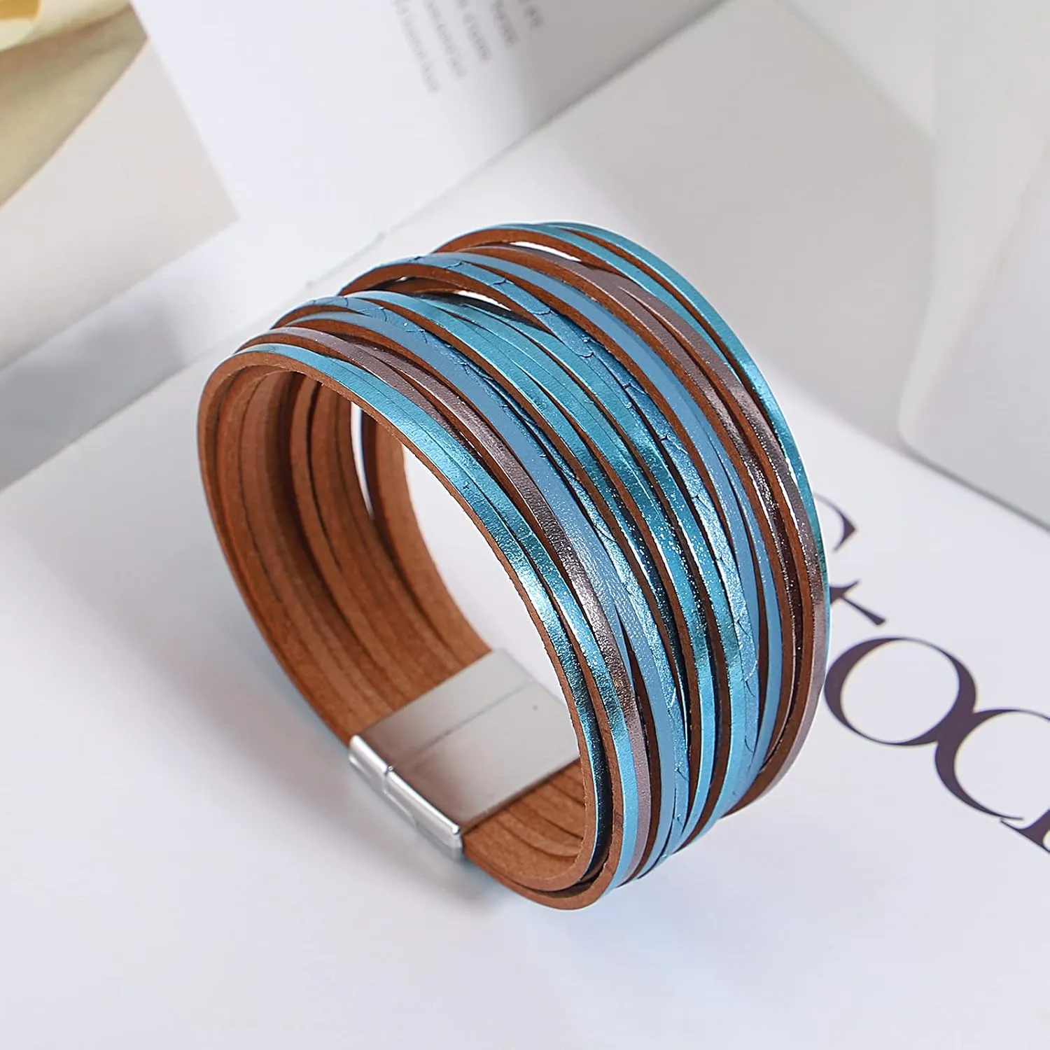 hotoo Handmade Layered Leather Bracelets Wrap for Women Stackable Chunky Colored Men Cuff Bracelet Wristband Bangle Gifts
