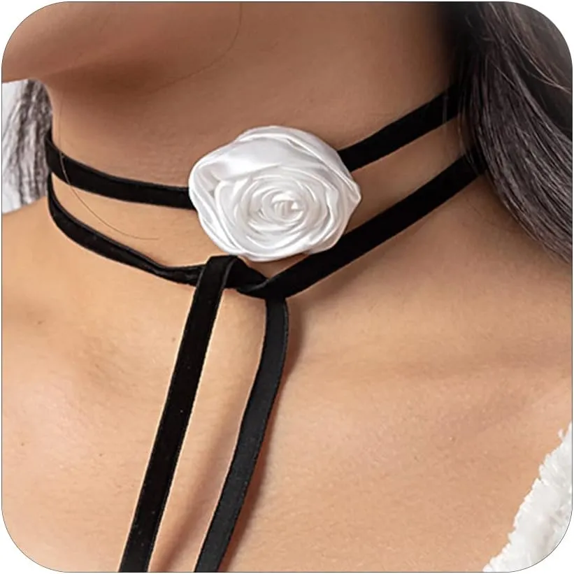 HUASAI Flower Choker Necklace for Women Small Velvet Rose Necklaces Elegant Floral Accessories for Wedding Party Bride Summer Necklaces Jewelry Gifts for Friends Women