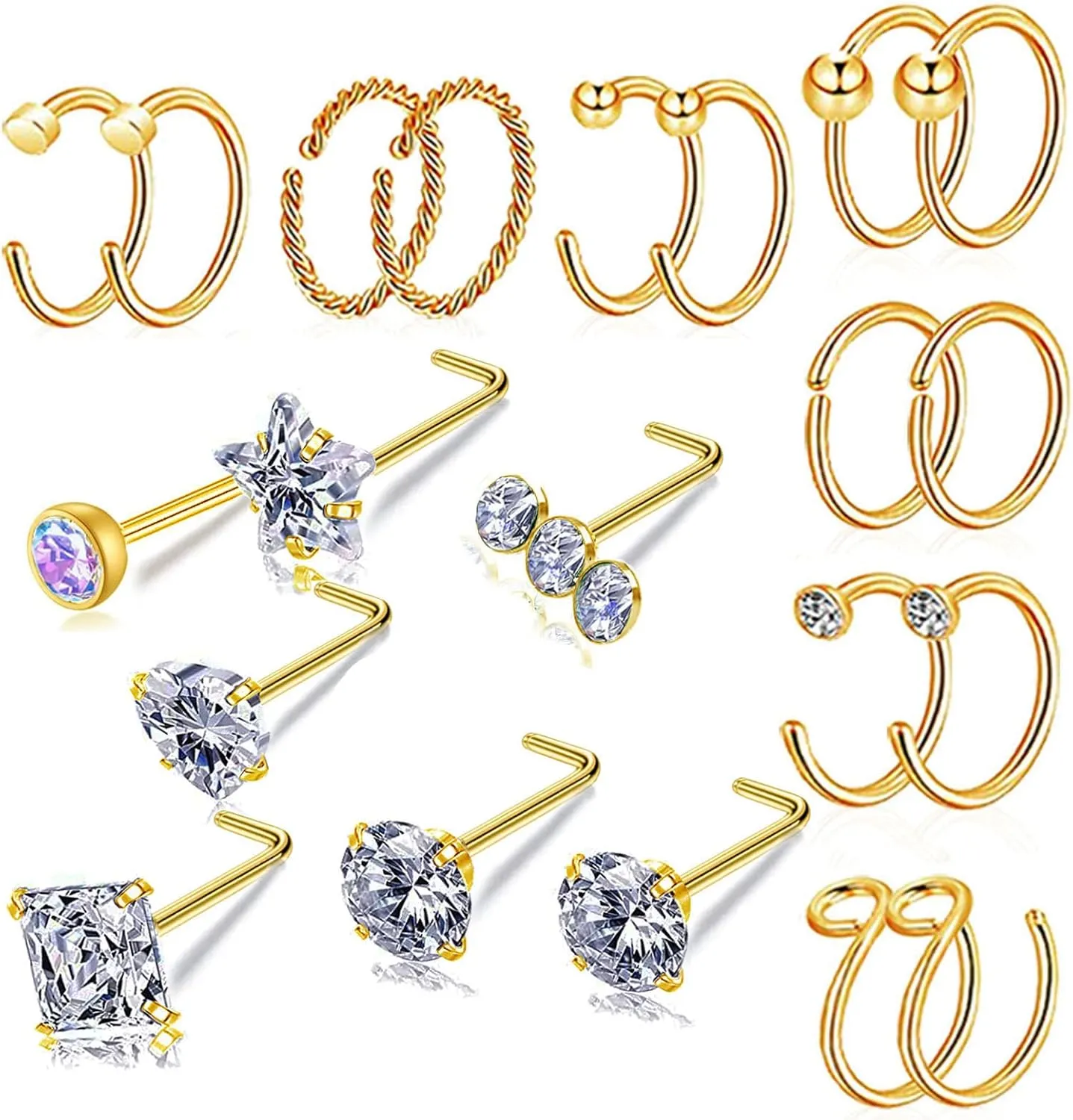 Hypoallergenic 20G L-Shaped Nose Rings - Surgical Steel Hoops & Studs - Gold, Silver, Black Colored