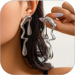 Irregular Waterdrop Earrings for Women Chunky Gold Earrings Liquid Metal Earrings Drip Earrings Hypoallergenic Statement Earrings Jewelry Gifts for Women (Silver)