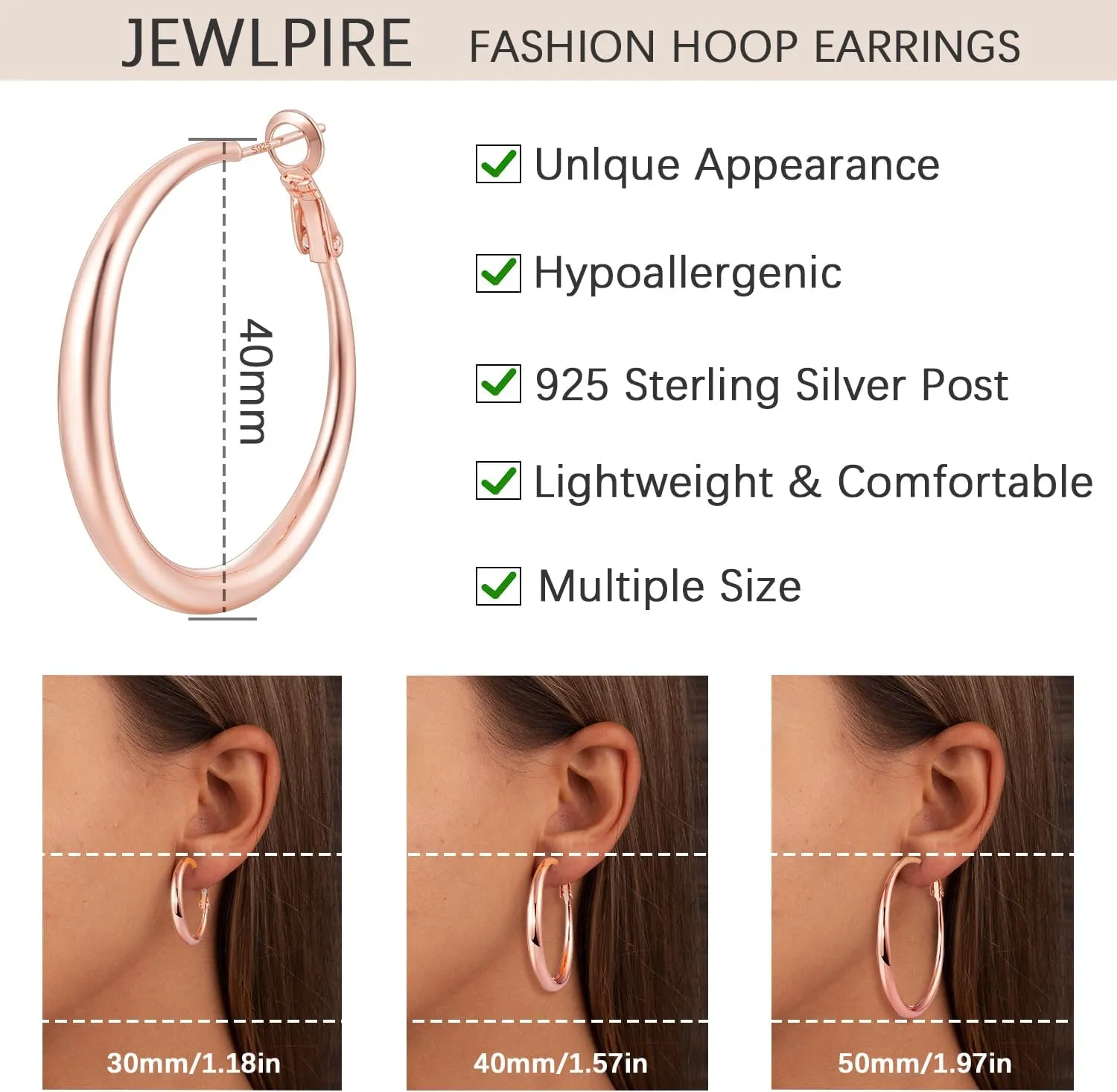 Jewlpire Gifts for Women 14K Gold Plated Hoop Earrings with 925 Stering Silver Post, Lightweight & Hypoallergenic Gold/Silver/Rose Gold Hoop Earrings for Women 30mm/40mm/50mm/60mm