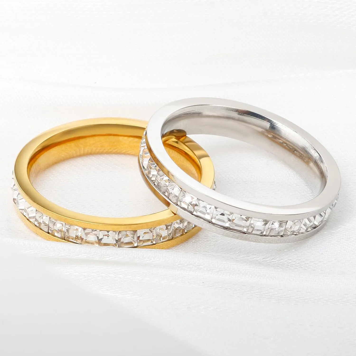 JINHUI Eternity Stacking Dainty Rings for Women, 18K Gold Plated CZ Simulated Diamond Thin Band Rings for Women Engagement Wedding Casual Vintage Elegant