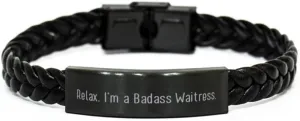 Joke Waitress Gifts, Relax. I'm a Badass Waitress, Motivational Birthday Braided Leather Bracelet Gifts for Men Women, Mens Jewelry, Womens Jewelry, Bracelets, Leather Bracelets, Braid Bracelet