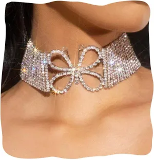 JONKY Rhinestone Choker Necklace Silver Heart Necklaces Butterfly Crystal Chokers Bling Tennis Chain Neck Jewelry for Women
