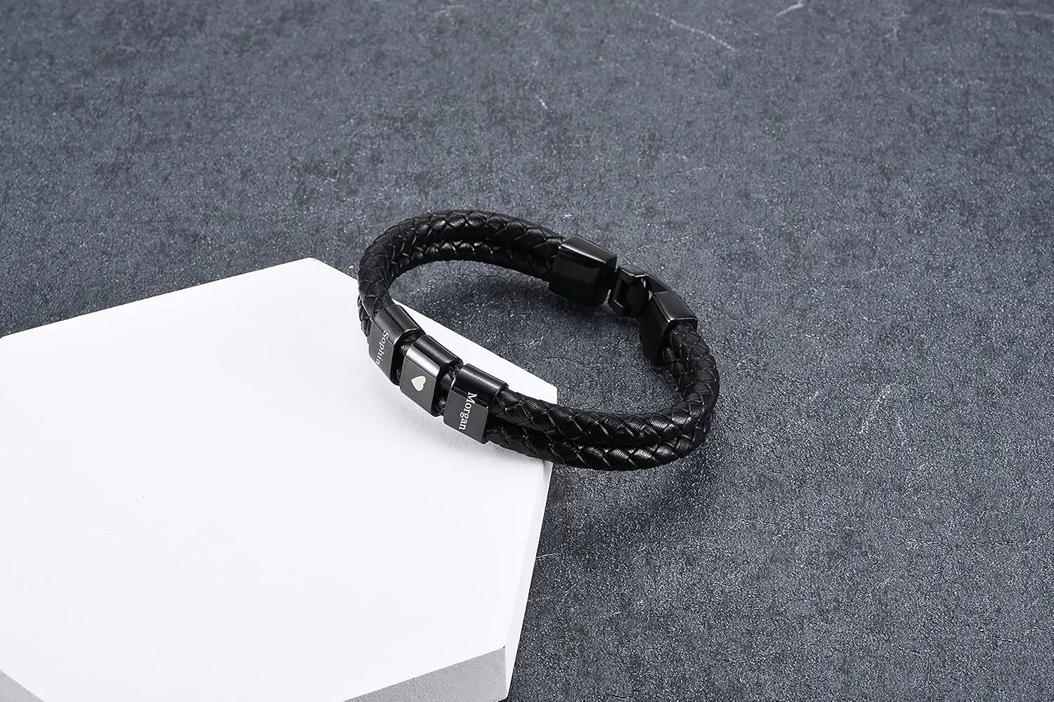 Jovivi Personalized Mens Leather Bracelets with 2-4 Engraved Beads Name Custom Name Braid Genuine Leather Bracelet Customized ID Bracelet for Men Dad Birthday Father's Day Gift