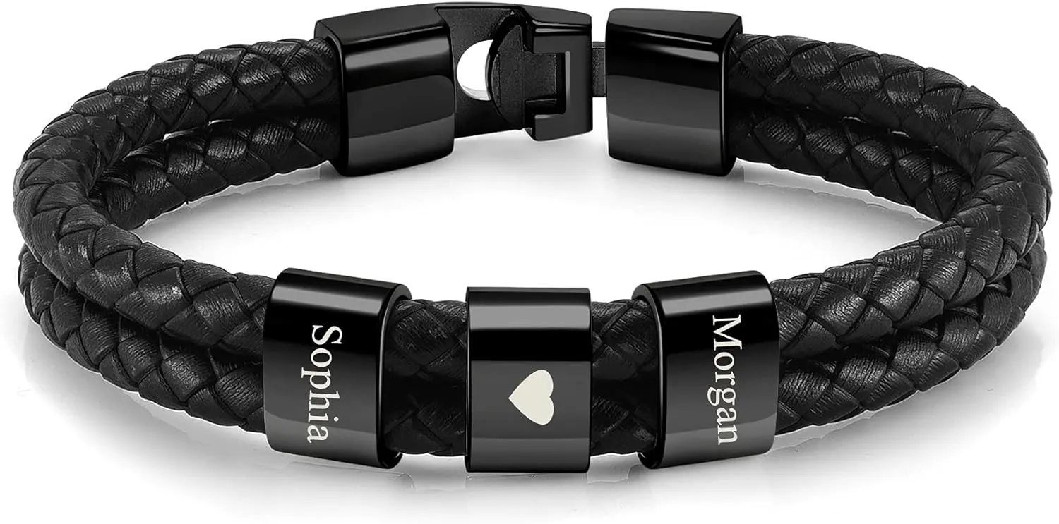 Jovivi Personalized Mens Leather Bracelets with 2-4 Engraved Beads Name Custom Name Braid Genuine Leather Bracelet Customized ID Bracelet for Men Dad Birthday Father's Day Gift