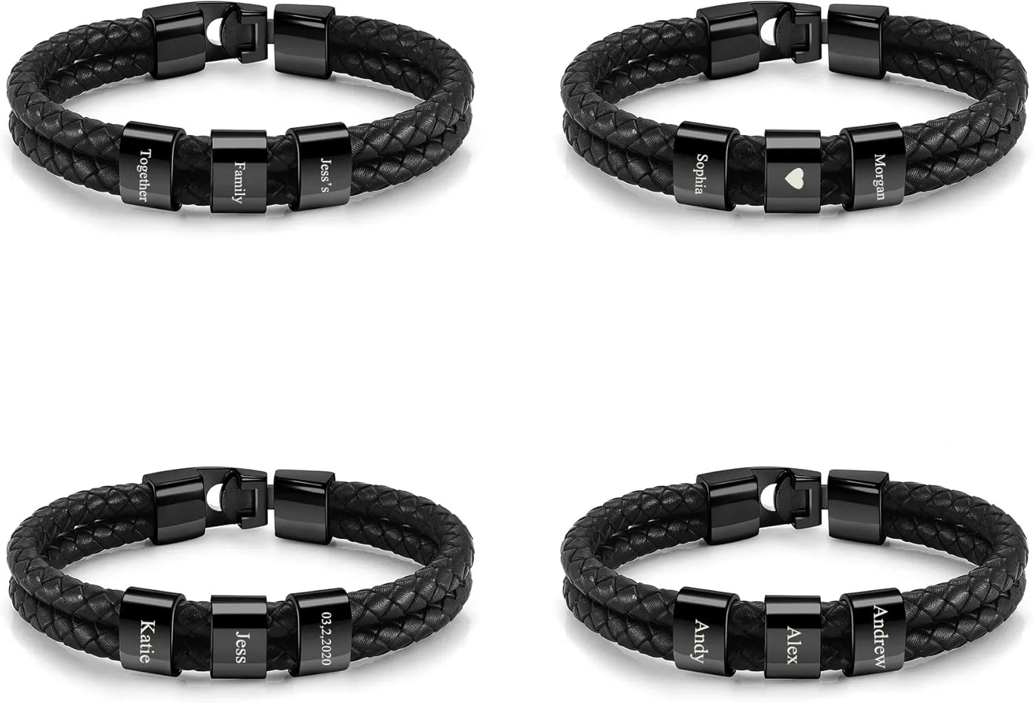 Jovivi Personalized Mens Leather Bracelets with 2-4 Engraved Beads Name Custom Name Braid Genuine Leather Bracelet Customized ID Bracelet for Men Dad Birthday Father's Day Gift