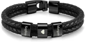 Jovivi Personalized Mens Leather Bracelets with 2-4 Engraved Beads Name Custom Name Braid Genuine Leather Bracelet Customized ID Bracelet for Men Dad Birthday Father's Day Gift