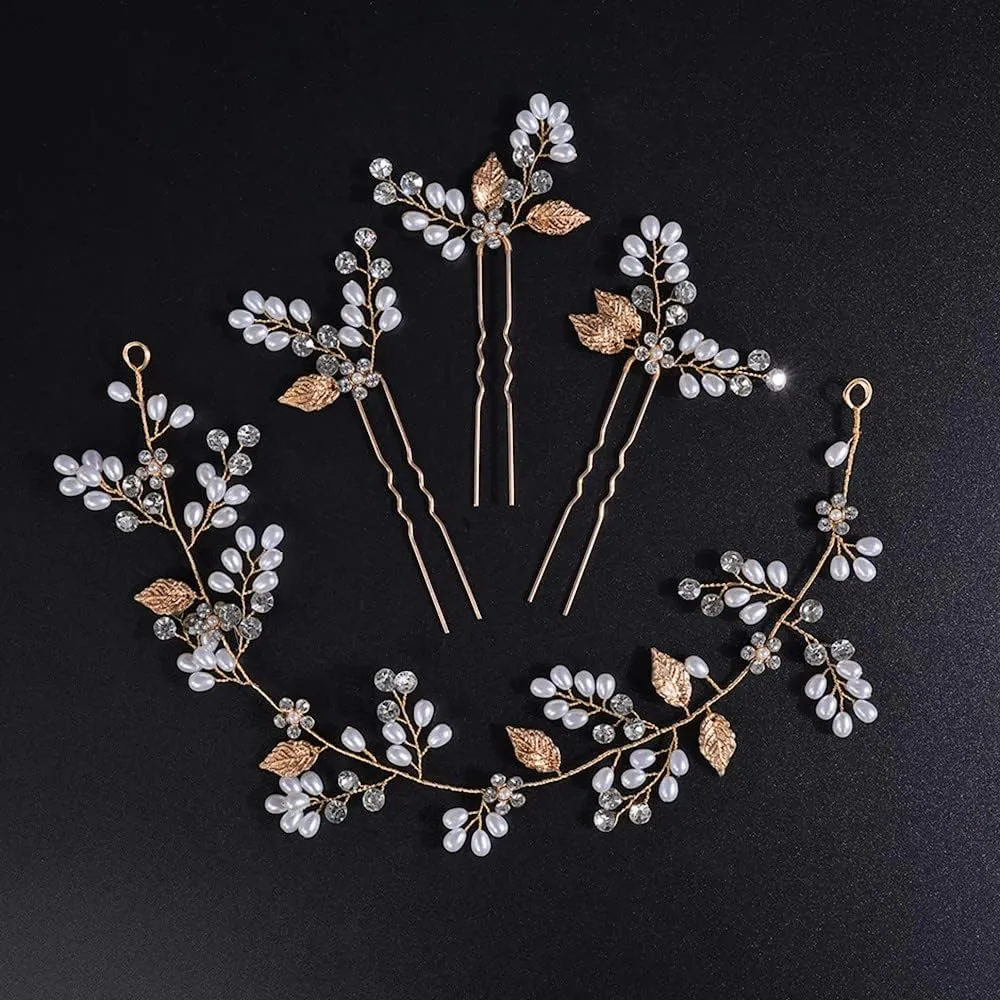 Jumwrit Bride Wedding Headband Hair Pins Set Pearl Rhinestone Headband and 3pcs Hair Pins with Sparkle Flower Bridal Leaf Headpiece Hair Accessories for Women(Gold)