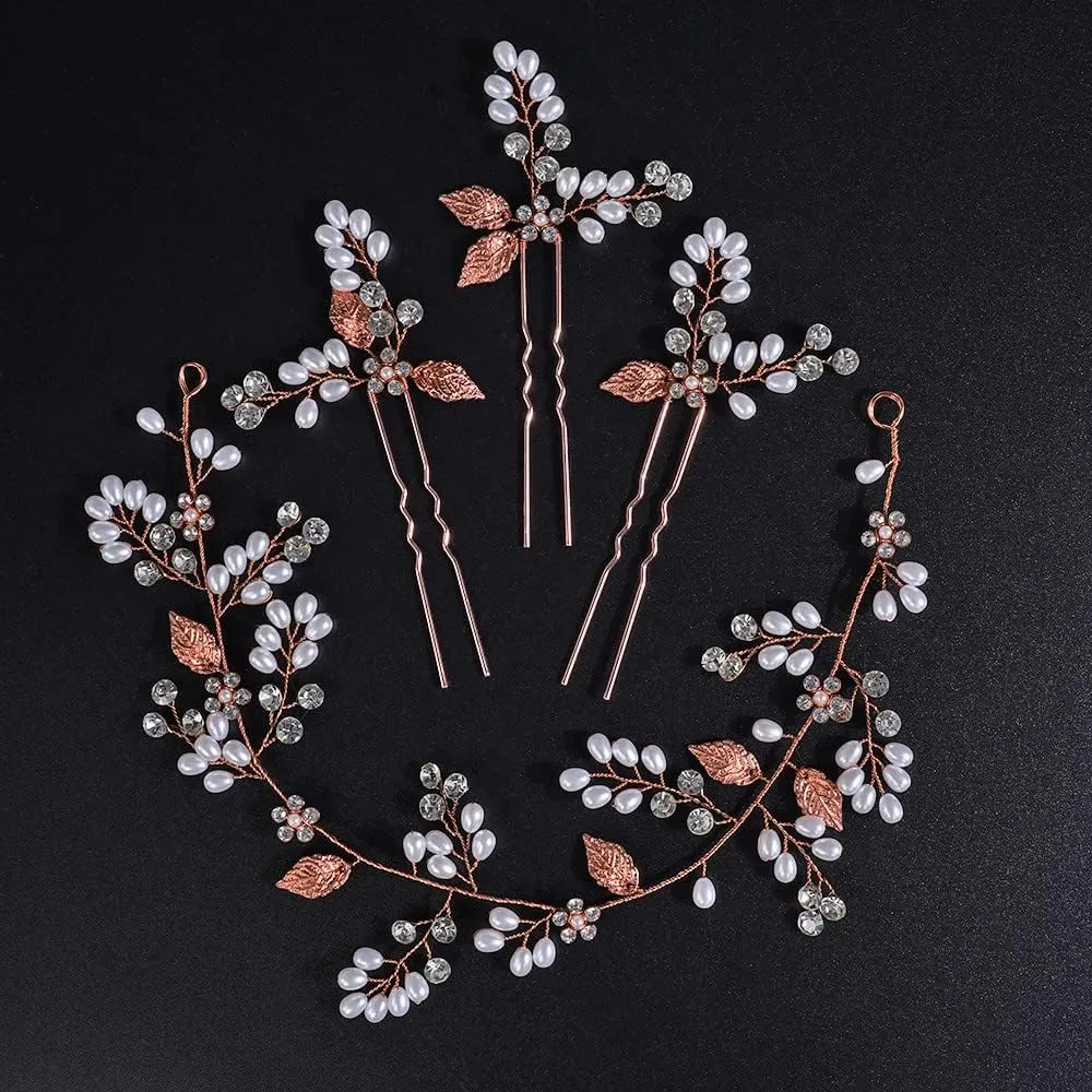 Jumwrit Bride Wedding Headband Hair Pins Set Pearl Rhinestone Headband and 3pcs Hair Pins with Sparkle Flower Bridal Leaf Headpiece Hair Accessories for WomenRose Gold