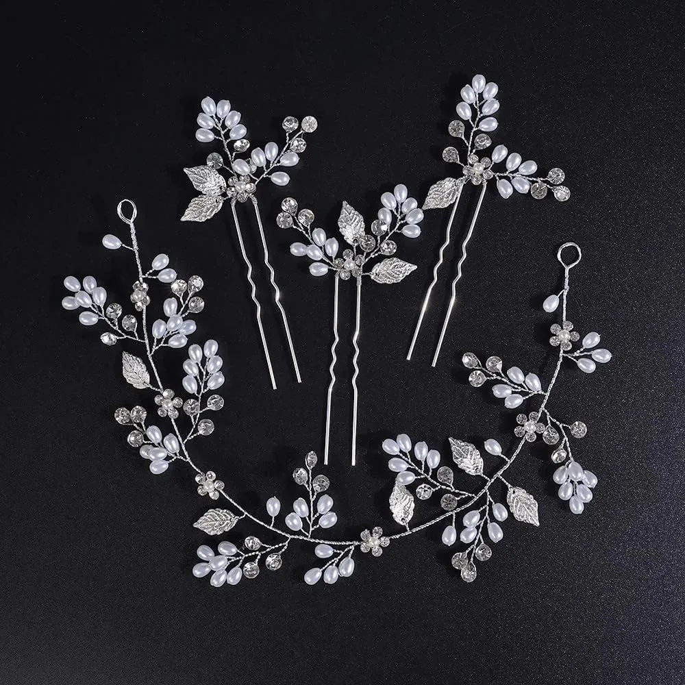 Jumwrit Bride Wedding Headband Hair Pins Set Pearl Rhinestone Headband and 3pcs Hair Pins with Sparkle Flower Bridal Leaf Headpiece Hair Accessories for WomenSilver