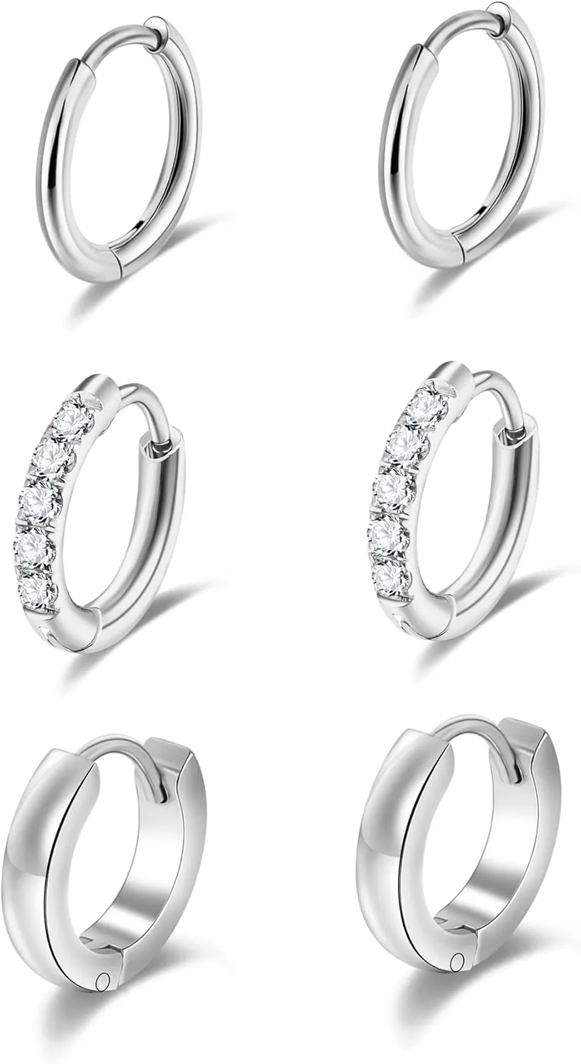 Lantine Small Gold Hoop Earrings Set for Women Men Surgical Stainless Steel Cartilage Cz Huggie Earrings 20G Daith Helix First Second Third Hole Lobes Hinged Sleeper Earrings