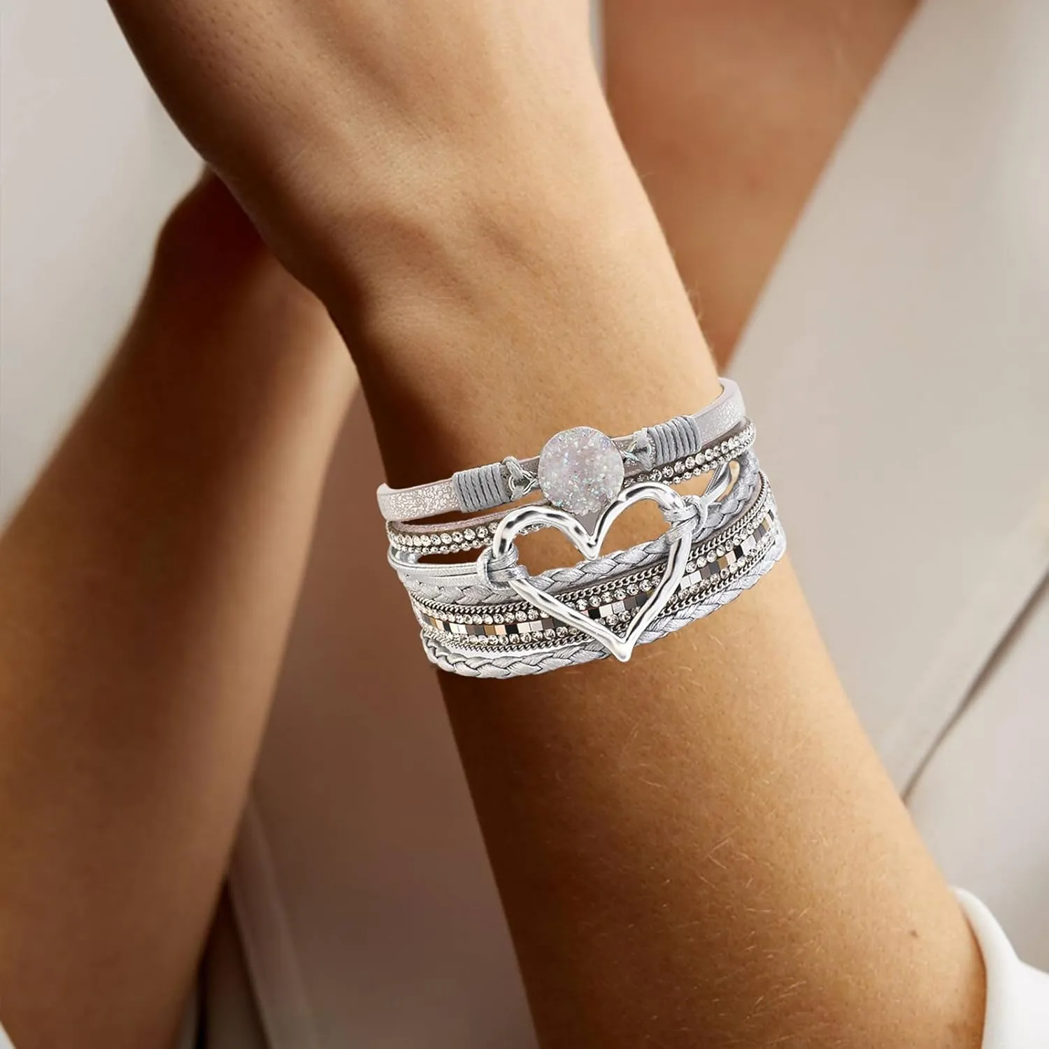 Leather Bracelet for Women Multilayer Wrap Leather Bracelet Rhinestone Leather Bracelets