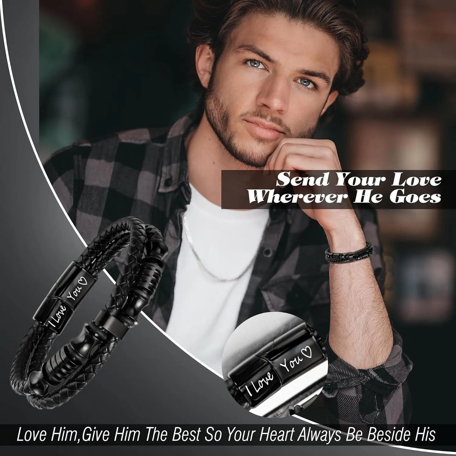 Leather Bracelets for Men I Love You Gifts for Him Father's Day Gifts for Men Bracelet Birthday Gifts for Dad Son Boyfriend Husband Graduation Gifts for Him 2023 Braided Engraved Wedding Anniversary Christmas Jewelry