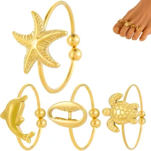 LIU JUN Toe Rings For Women, Starfish Seashell Toe Ring Set Summer Beach Chunky Gold Turtle Dolphin Toes Rings Adjustable Stainless Steel Stackable Jewelry Gifts