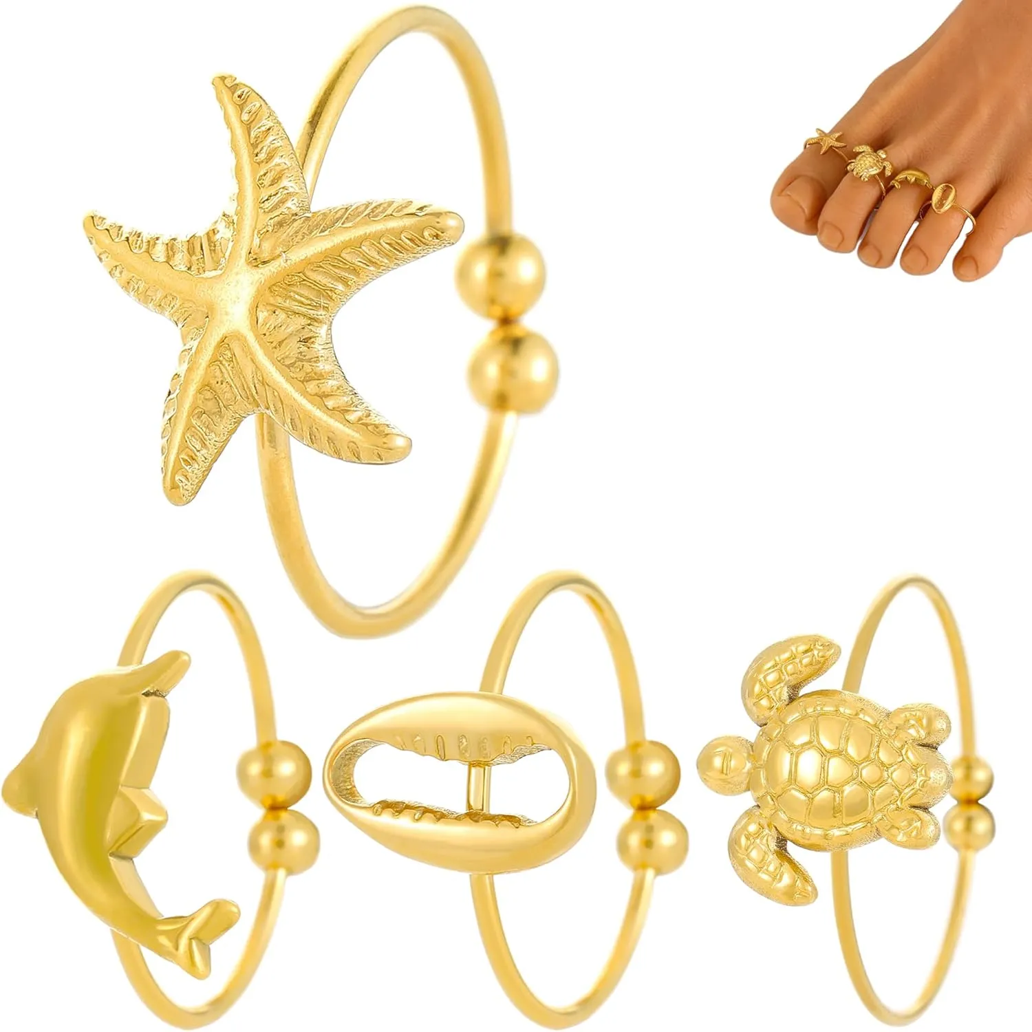 LIU JUN Toe Rings For Women, Starfish Seashell Toe Ring Set Summer Beach Chunky Gold Turtle Dolphin Toes Rings Adjustable Stainless Steel Stackable Jewelry Gifts