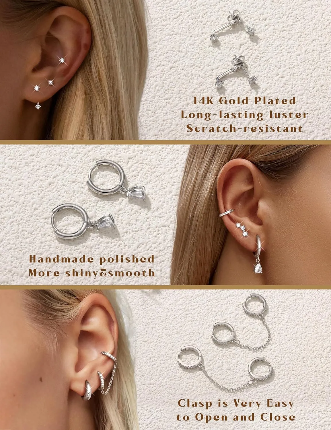 LOLIAS Gold Hoop Stud Earring Stacks for Women - 14K Gold Plated Chain Cartilage Earrings Cute Hypoallergenic Silver Huggie Earrings Sets for Multiple Piercing Jewelry Lightweight 8Pairs