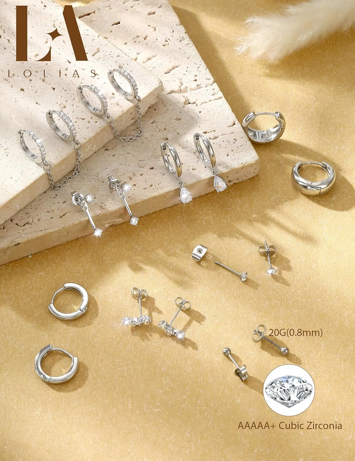 LOLIAS Gold Hoop Stud Earring Stacks for Women - 14K Gold Plated Chain Cartilage Earrings Cute Hypoallergenic Silver Huggie Earrings Sets for Multiple Piercing Jewelry Lightweight 8Pairs