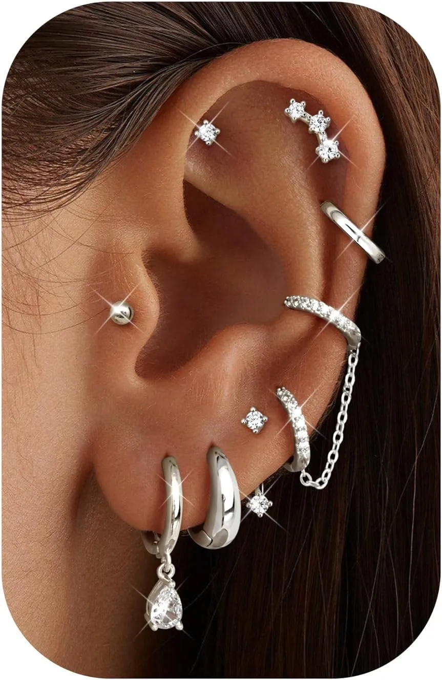 LOLIAS Gold Hoop Stud Earring Stacks for Women - 14K Gold Plated Chain Cartilage Earrings Cute Hypoallergenic Silver Huggie Earrings Sets for Multiple Piercing Jewelry Lightweight 8Pairs