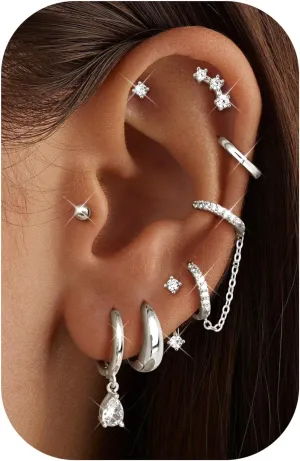 LOLIAS Gold Hoop Stud Earring Stacks for Women - 14K Gold Plated Chain Cartilage Earrings Cute Hypoallergenic Silver Huggie Earrings Sets for Multiple Piercing Jewelry Lightweight 8Pairs