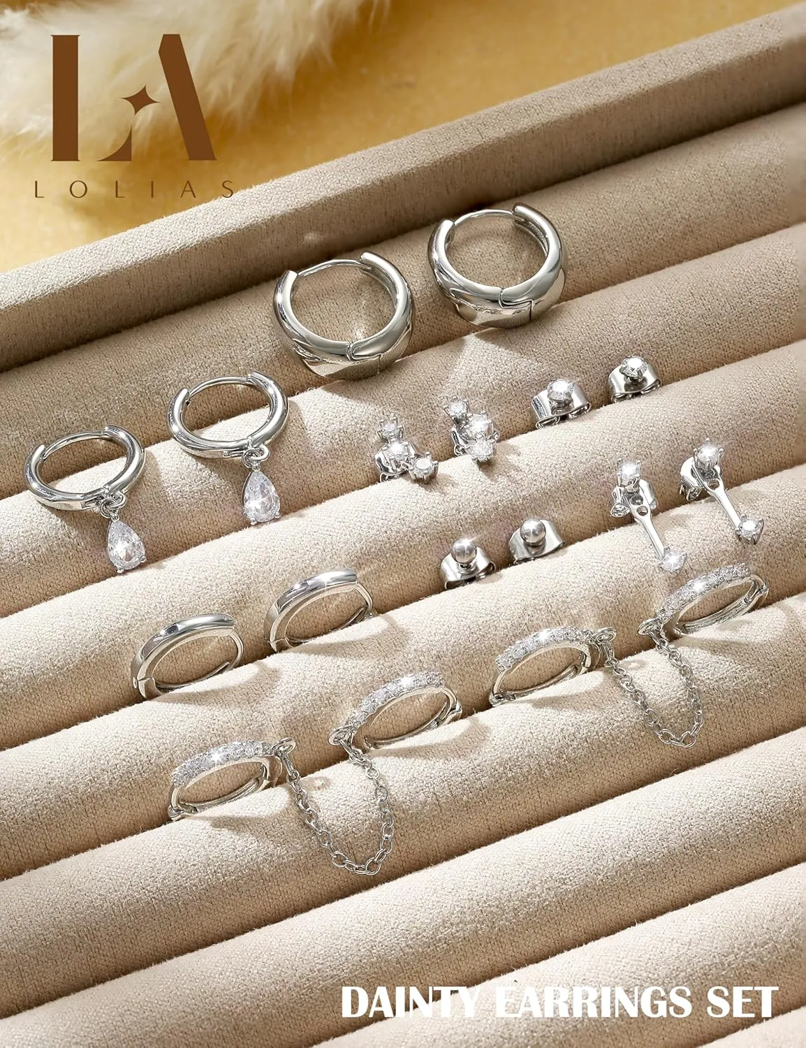 LOLIAS Gold Hoop Stud Earring Stacks for Women - 14K Gold Plated Chain Cartilage Earrings Cute Hypoallergenic Silver Huggie Earrings Sets for Multiple Piercing Jewelry Lightweight 8Pairs