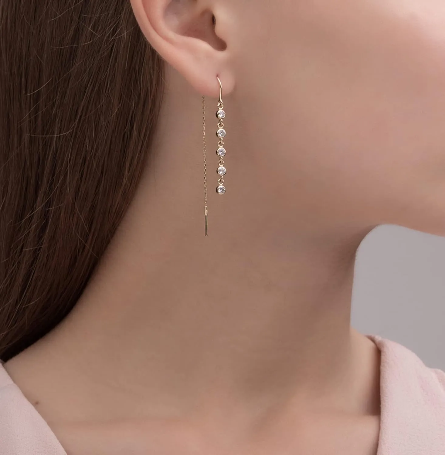 Long Chain Earring, 14K Solid Gold Long Threader Earrings, (0.20ct) Diamond Drop Dangle Earrings, Simple Minimalist Drop Earrings, Gift For Women