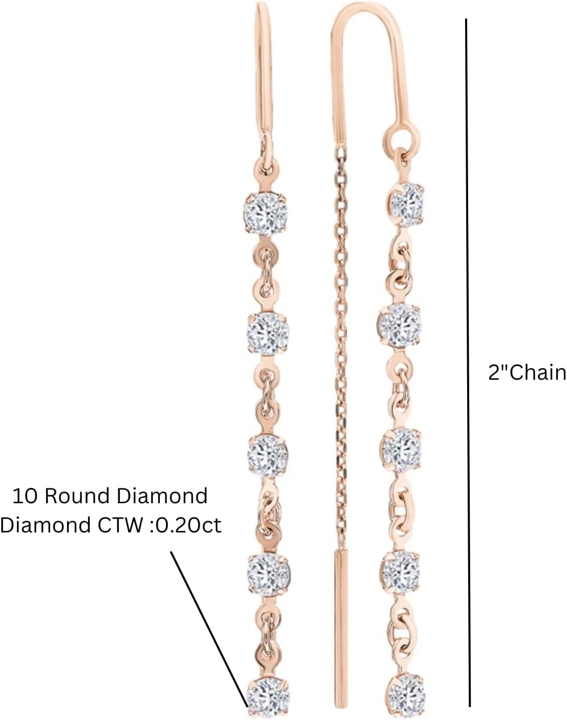 Long Chain Earring, 14K Solid Gold Long Threader Earrings, (0.20ct) Diamond Drop Dangle Earrings, Simple Minimalist Drop Earrings, Gift For Women