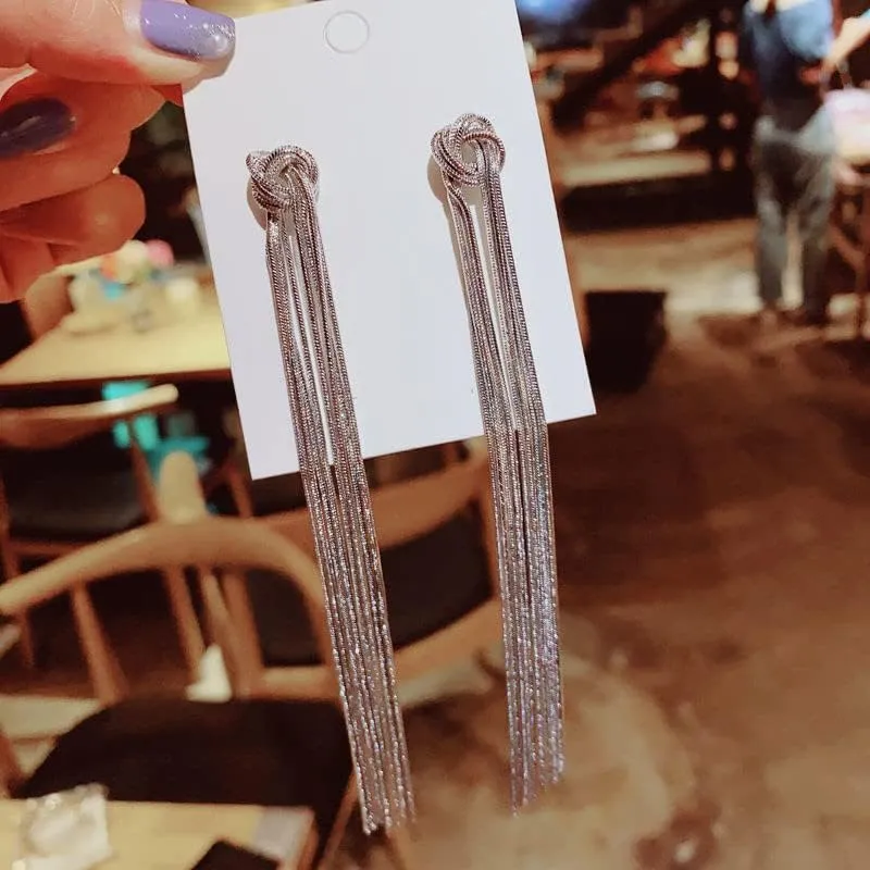 Long Tassel Dangle Earrings Trendy Gold Silver Plated Tassel Knot Chain Fringe Statement Wedding Bridesmaid Jewelry