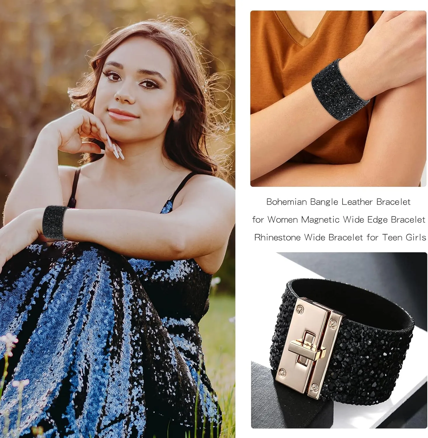 Long tiantian Bracelets for Women Trendy Boho Jewelry for Women Rhinestone Cuff Bangle Bracelets for Women Boho Leather Wrap Bracelets Christmas Gifts Stocking Stuffers