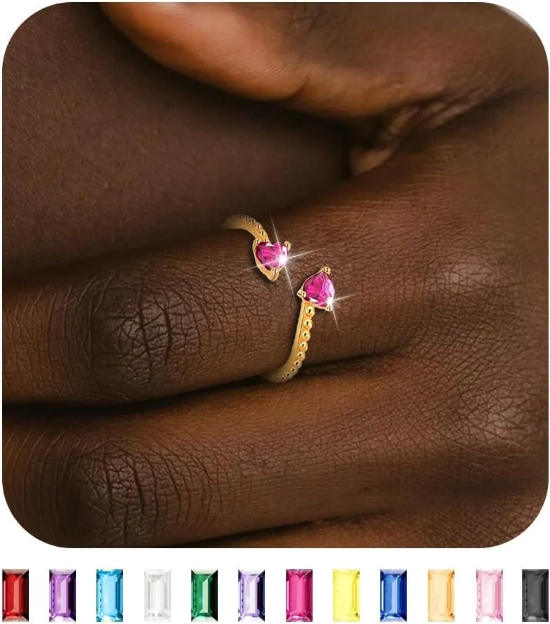 Long tiantian Gold Birthstone Rings for Women Non Tarnish Gold Stackable Birthstone Rings CZ Ruby Emerald Double Heart 2 Birthstone Rings Personalized Jewelry Gifts for Birthday