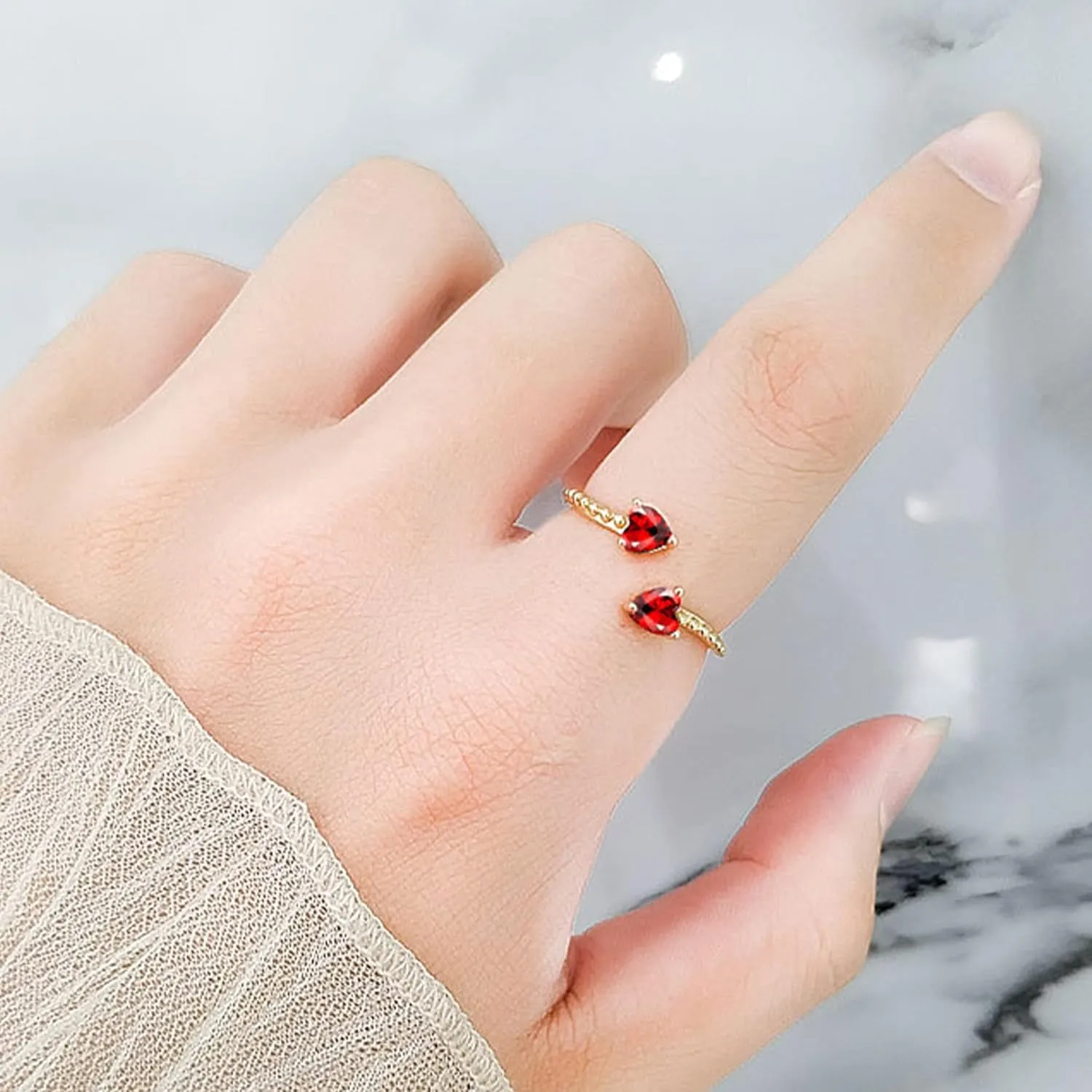 Long tiantian Gold Birthstone Rings for Women Non Tarnish Gold Stackable Birthstone Rings CZ Ruby Emerald Double Heart 2 Birthstone Rings Personalized Jewelry Gifts for Birthday