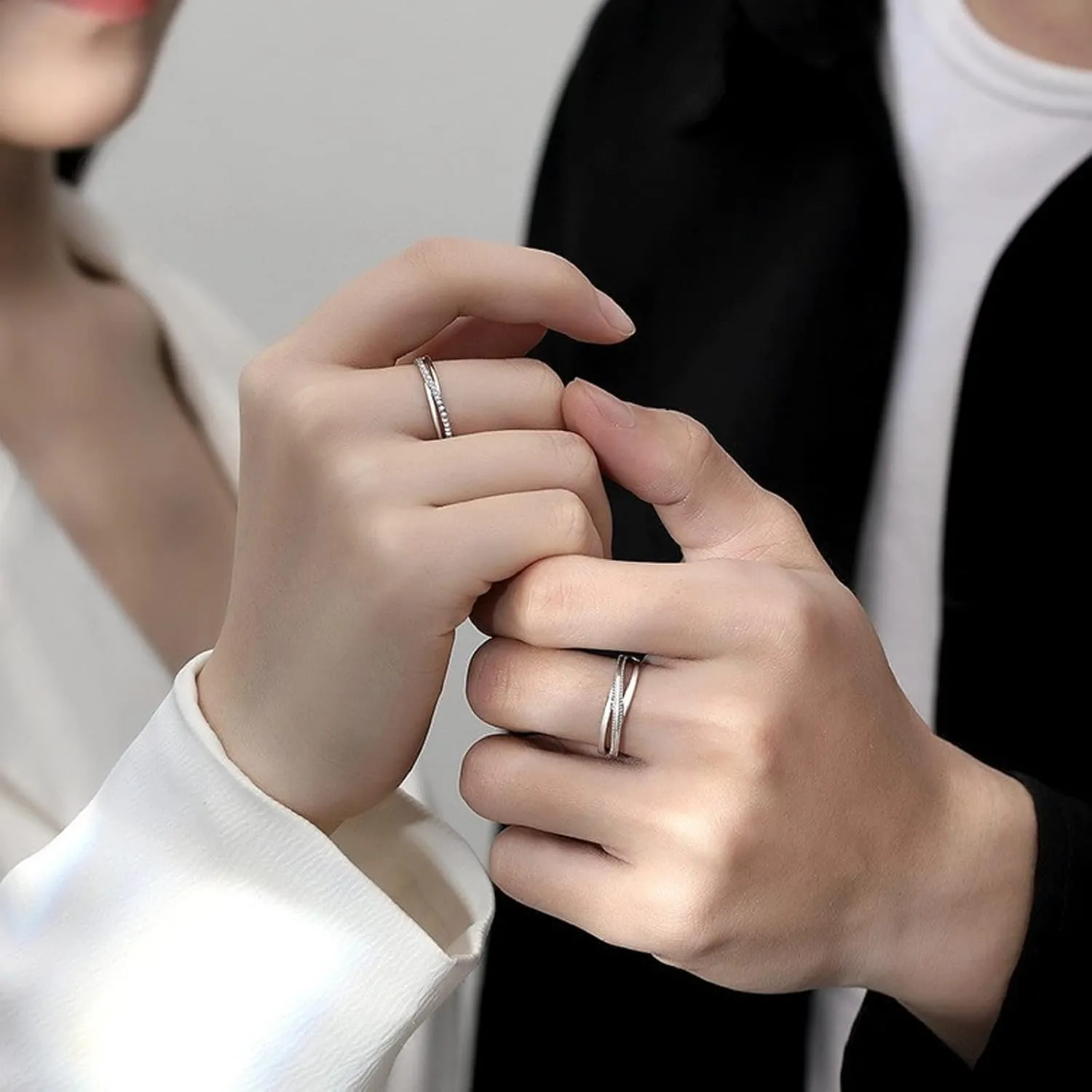 Love Connected Couple Rings 925 Sterling Silver Couple Ring Promise Ring for Him and HerCrystal Cubic Zirconia Engagement Wedding Ring Adjustable Ring Set (Men's)