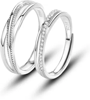 Love Connected Couple Rings 925 Sterling Silver Couple Ring Promise Ring for Him and HerCrystal Cubic Zirconia Engagement Wedding Ring Adjustable Ring Set (Men's)