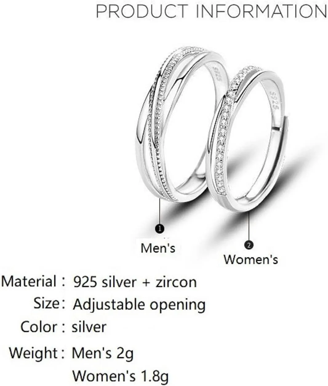 Love Connected Couple Rings 925 Sterling Silver Couple Ring Promise Ring for Him and HerCrystal Cubic Zirconia Engagement Wedding Ring Adjustable Ring Set (Men's)