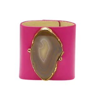 LOVED CUFF - PINK RUBY LEATHER WITH BROWN AGATE  S.1.01.004.1036