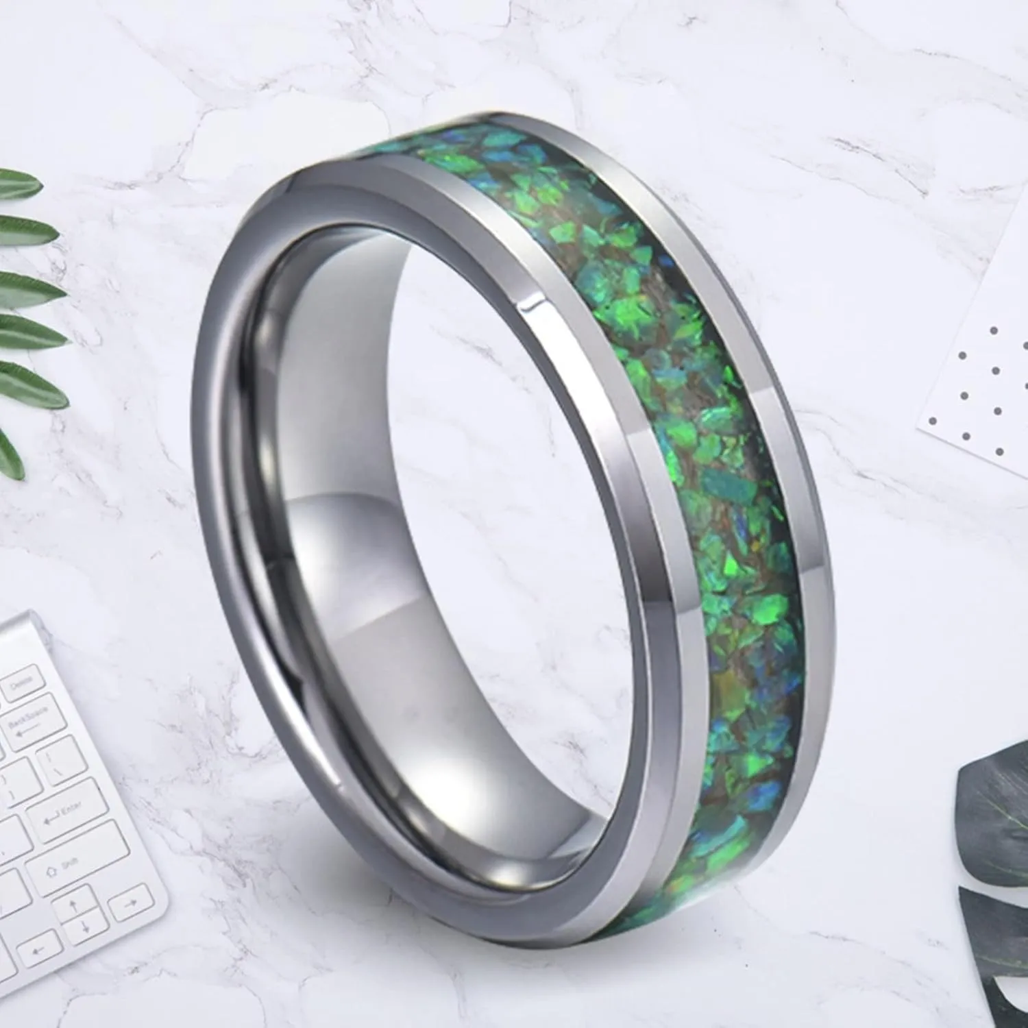 Matching Couples Rings, Men's Rings Tungsten Carbide 8mm Silver Ring Inlay Green Shell Engagement Couple Rings