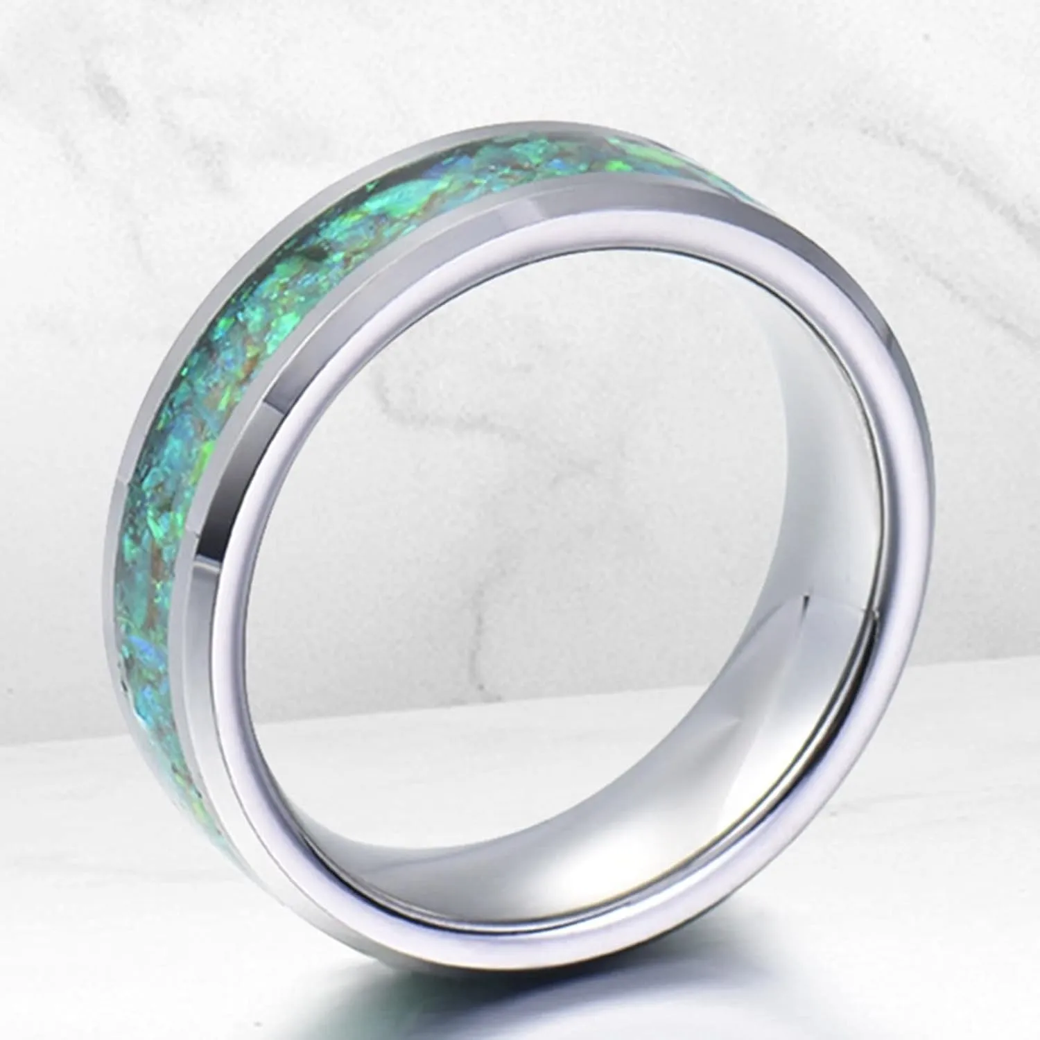 Matching Couples Rings, Men's Rings Tungsten Carbide 8mm Silver Ring Inlay Green Shell Engagement Couple Rings