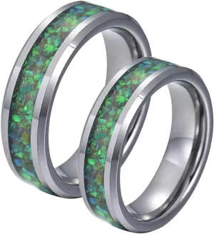 Matching Couples Rings, Men's Rings Tungsten Carbide 8mm Silver Ring Inlay Green Shell Engagement Couple Rings