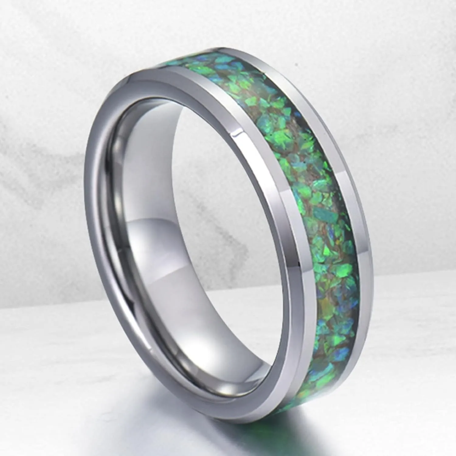 Matching Couples Rings, Men's Rings Tungsten Carbide 8mm Silver Ring Inlay Green Shell Engagement Couple Rings