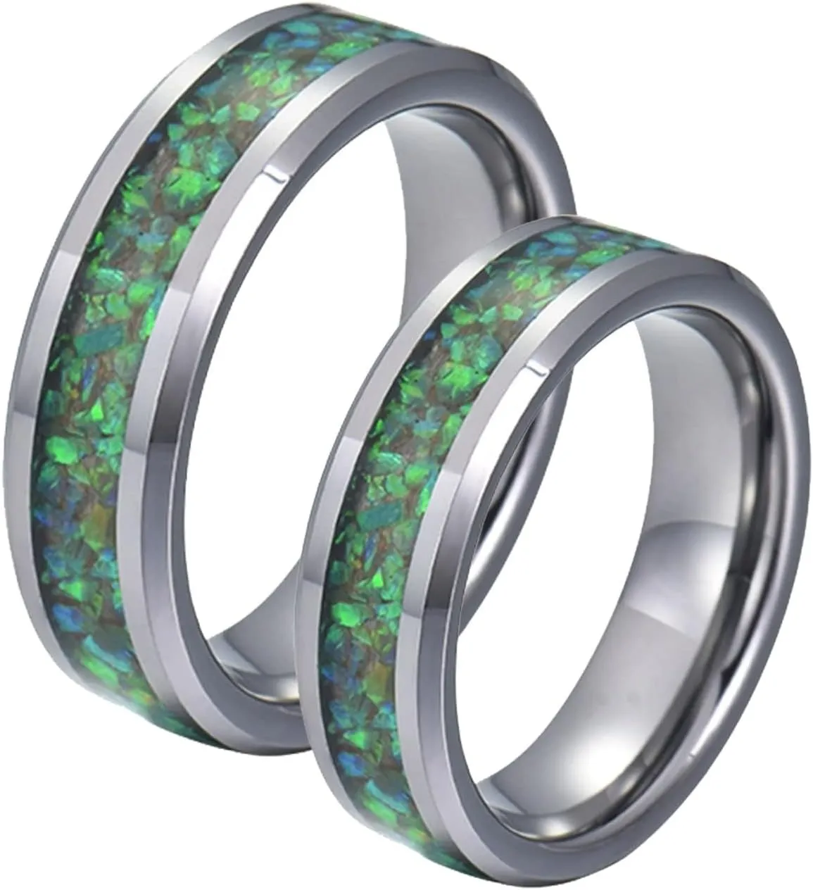 Matching Couples Rings, Men's Rings Tungsten Carbide 8mm Silver Ring Inlay Green Shell Engagement Couple Rings